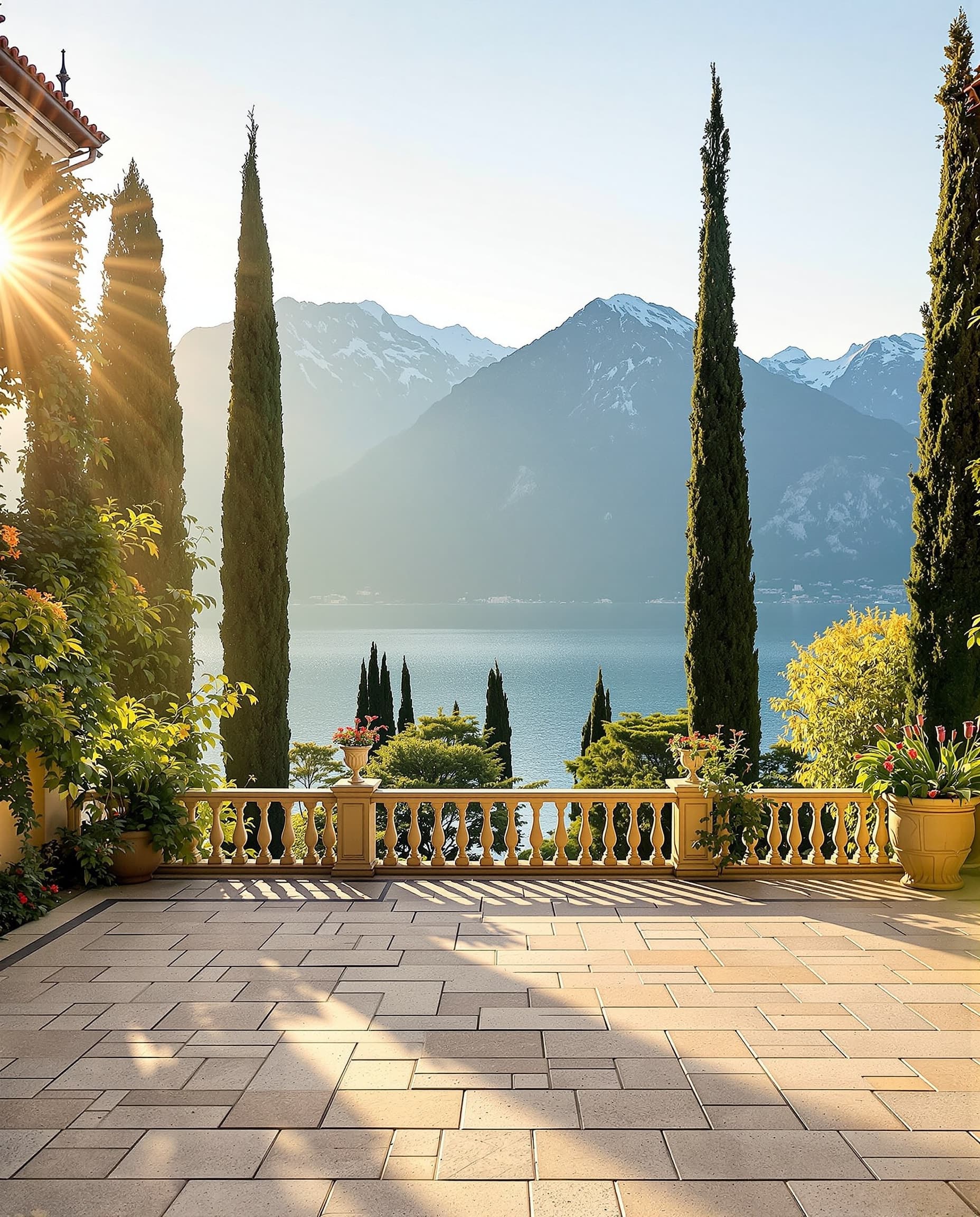 A Lake Como villa terrace overlooking cypress trees and the lake at golden hour